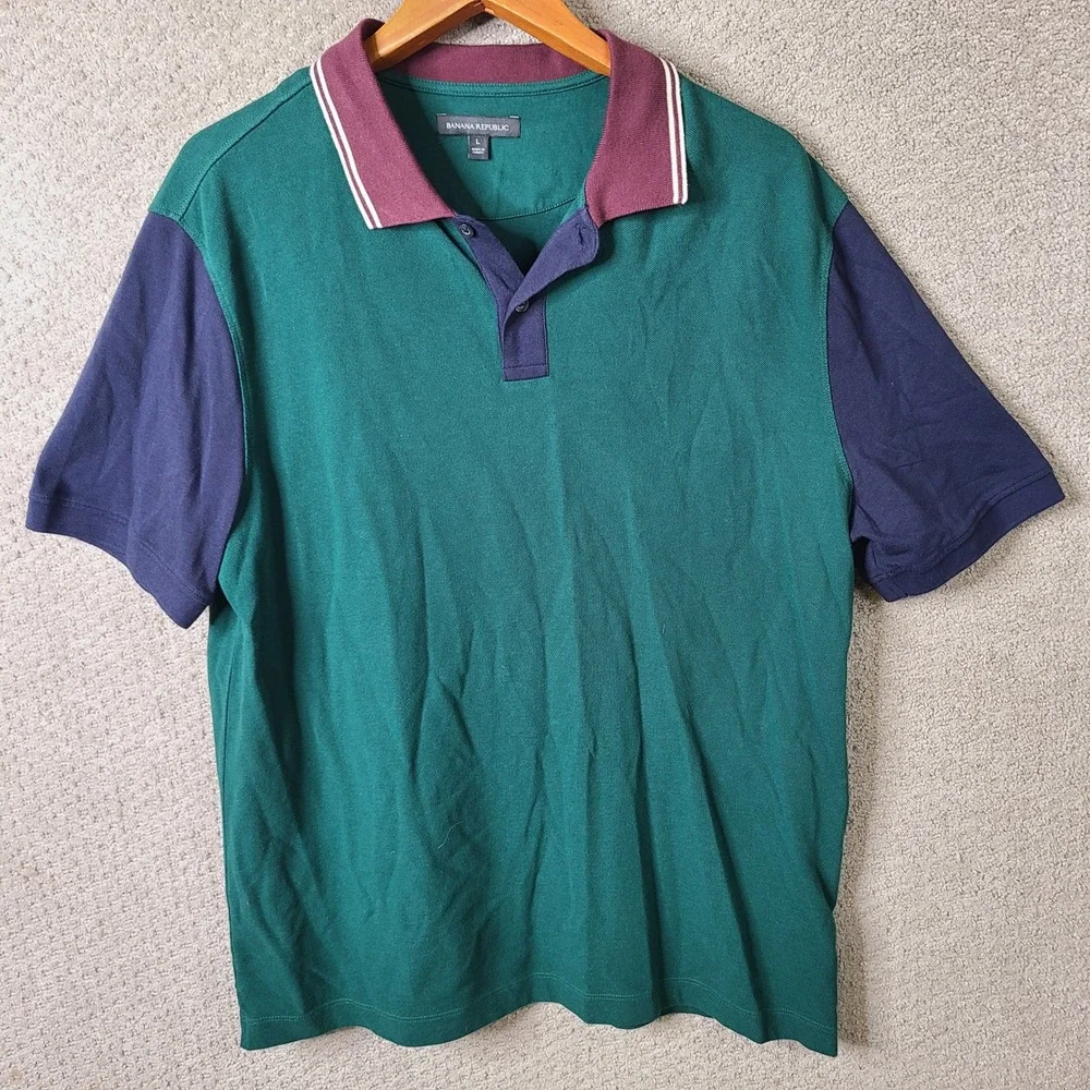 Banana Republic Shirt Mens L Green Blue Red Colorblock Polo Cotton Short Sleeve